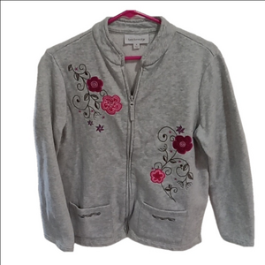 ( 355 ) BRECKENRIDGE GREY FLORAL ZIP FRONT SWEATSHIRT 2 FRONT POCKETS SIZE M